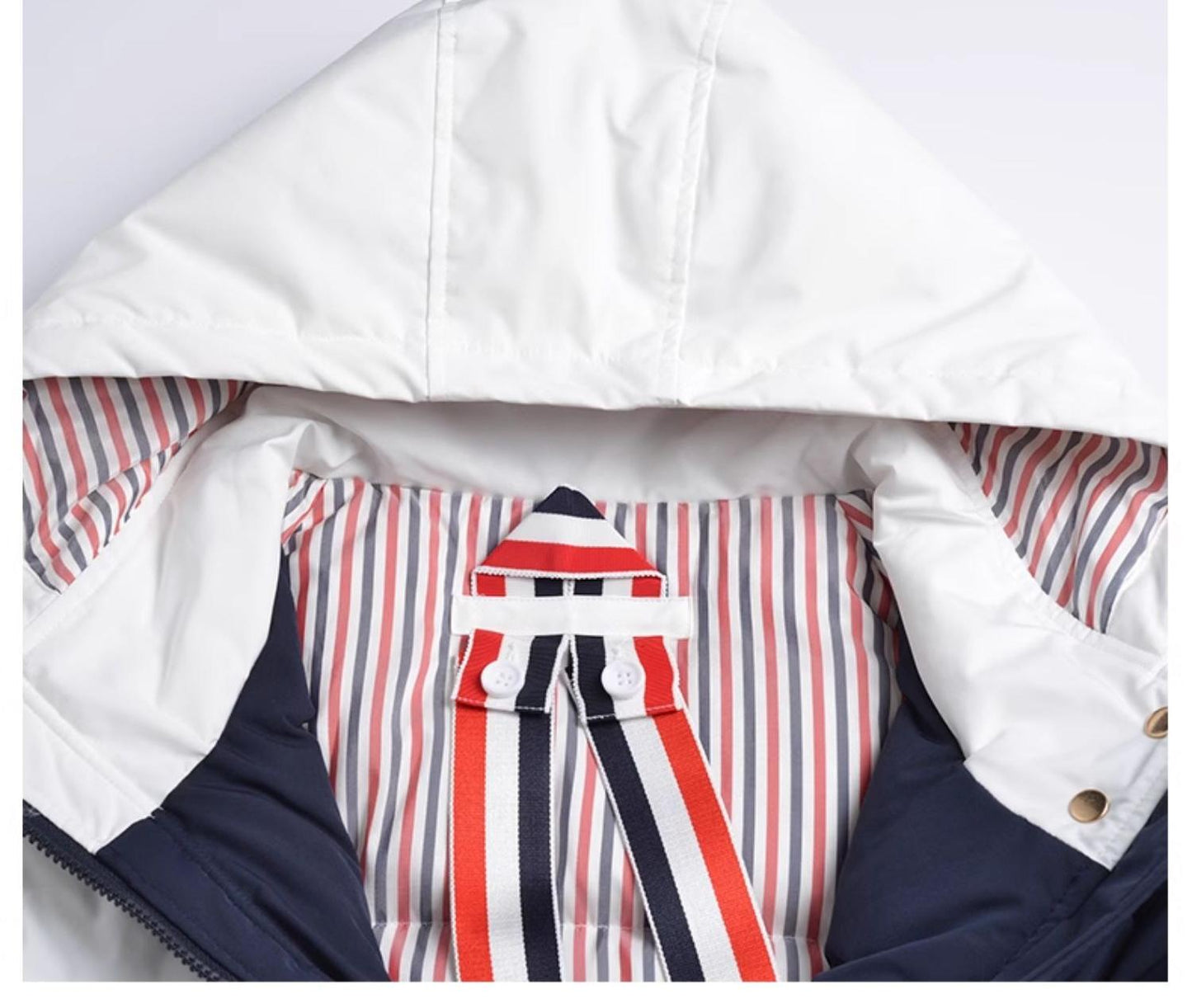 Thom Browne Unisex long coat with hood and white placket