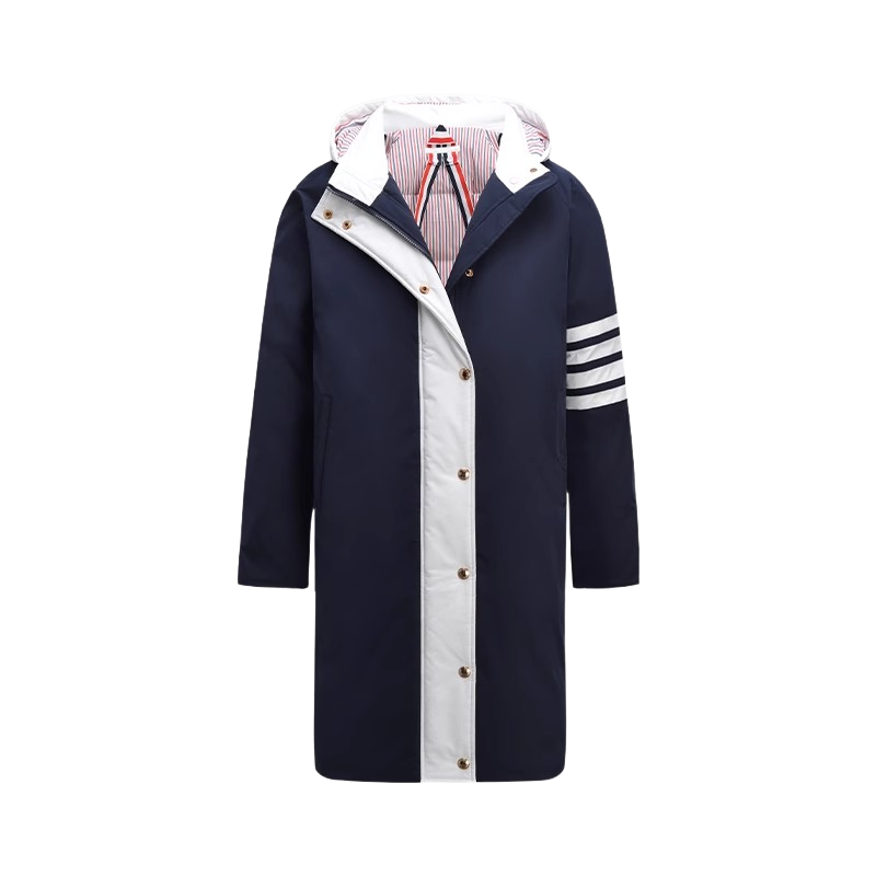 Thom Browne Unisex long coat with hood and white placket