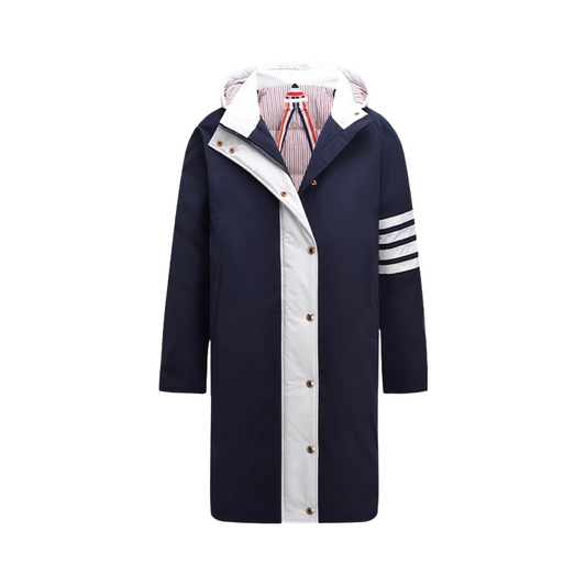 Thom Browne Unisex long coat with hood and white placket